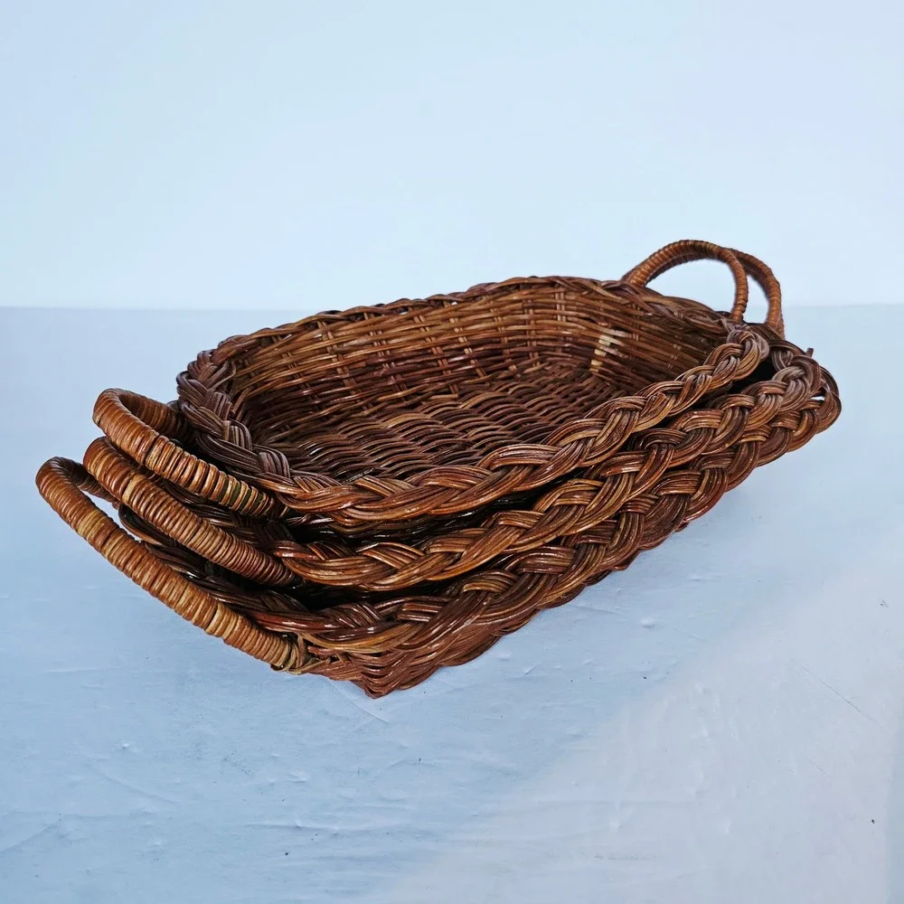 Vintage Nesting Wicker Baskets Set of 3 Braided Rim Rectangular Trays Boho Decor